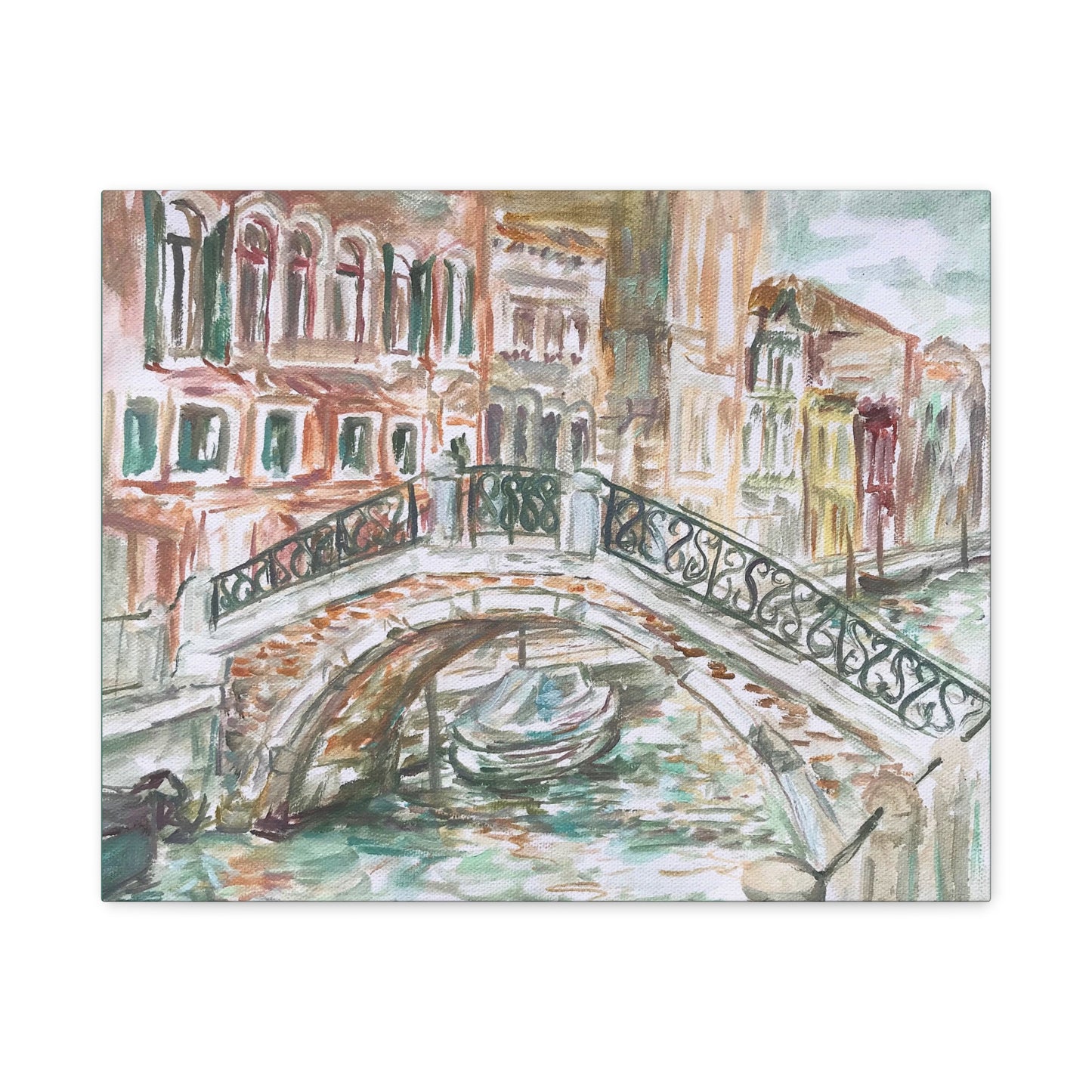 Matte Canvas Print - Venetian Bridge and Tiny Boat, Venice, Italy, Plein-Air Oil Painting