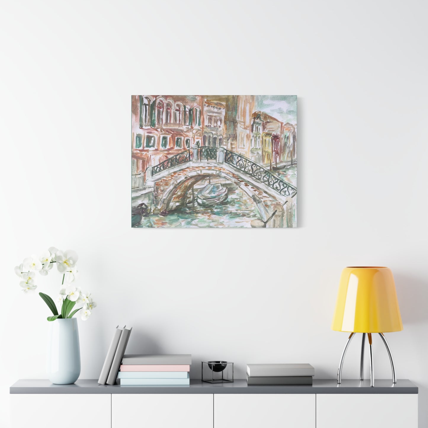 Matte Canvas Print - Venetian Bridge and Tiny Boat, Venice, Italy, Plein-Air Oil Painting