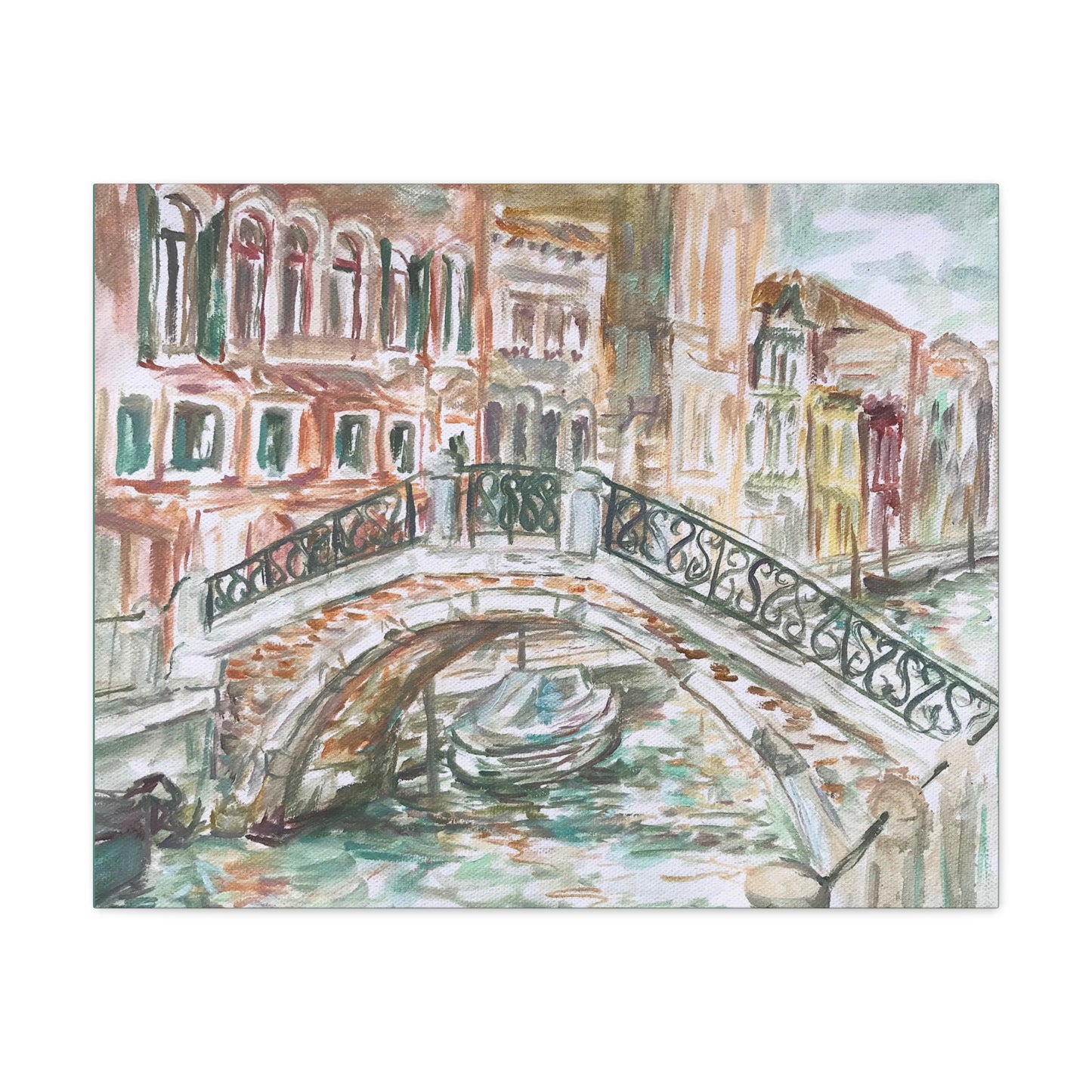 Matte Canvas Print - Venetian Bridge and Tiny Boat, Venice, Italy, Plein-Air Oil Painting