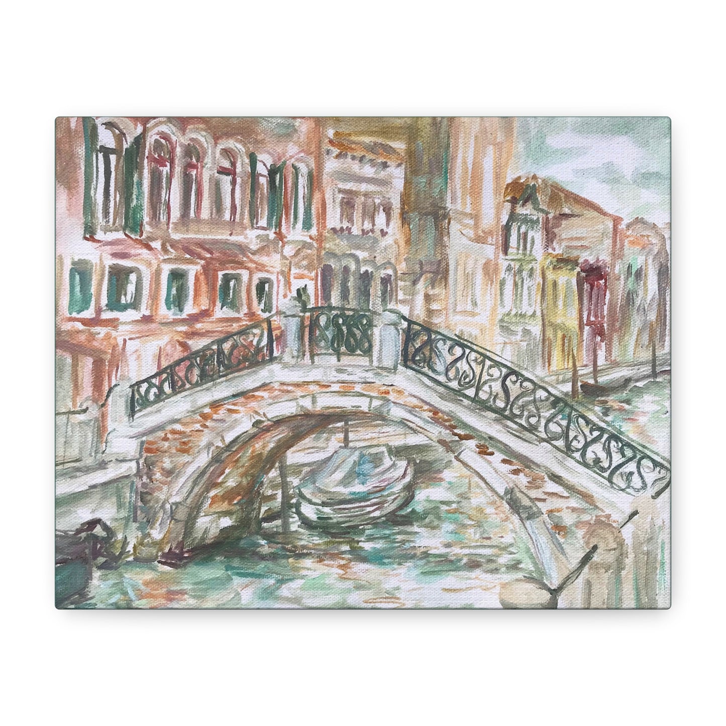 Matte Canvas Print - Venetian Bridge and Tiny Boat, Venice, Italy, Plein-Air Oil Painting