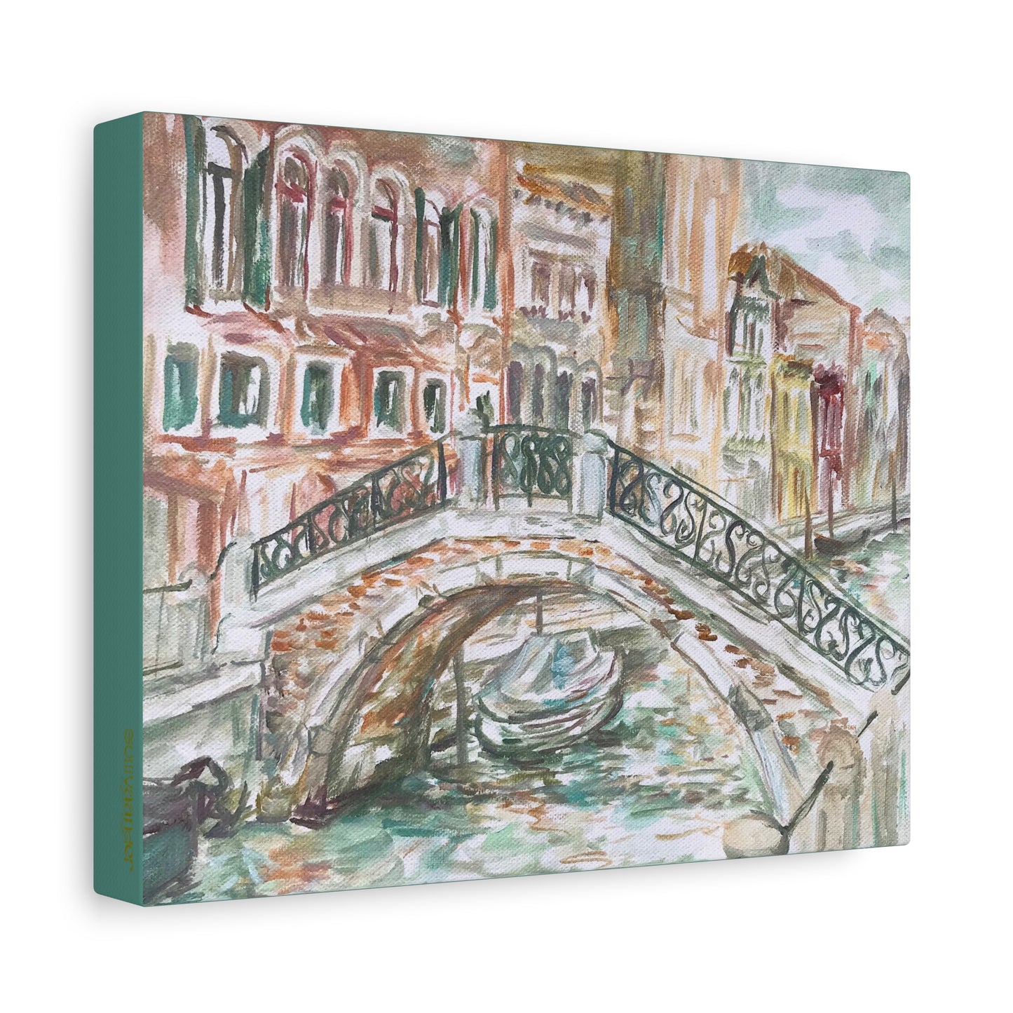 Matte Canvas Print - Venetian Bridge and Tiny Boat, Venice, Italy, Plein-Air Oil Painting