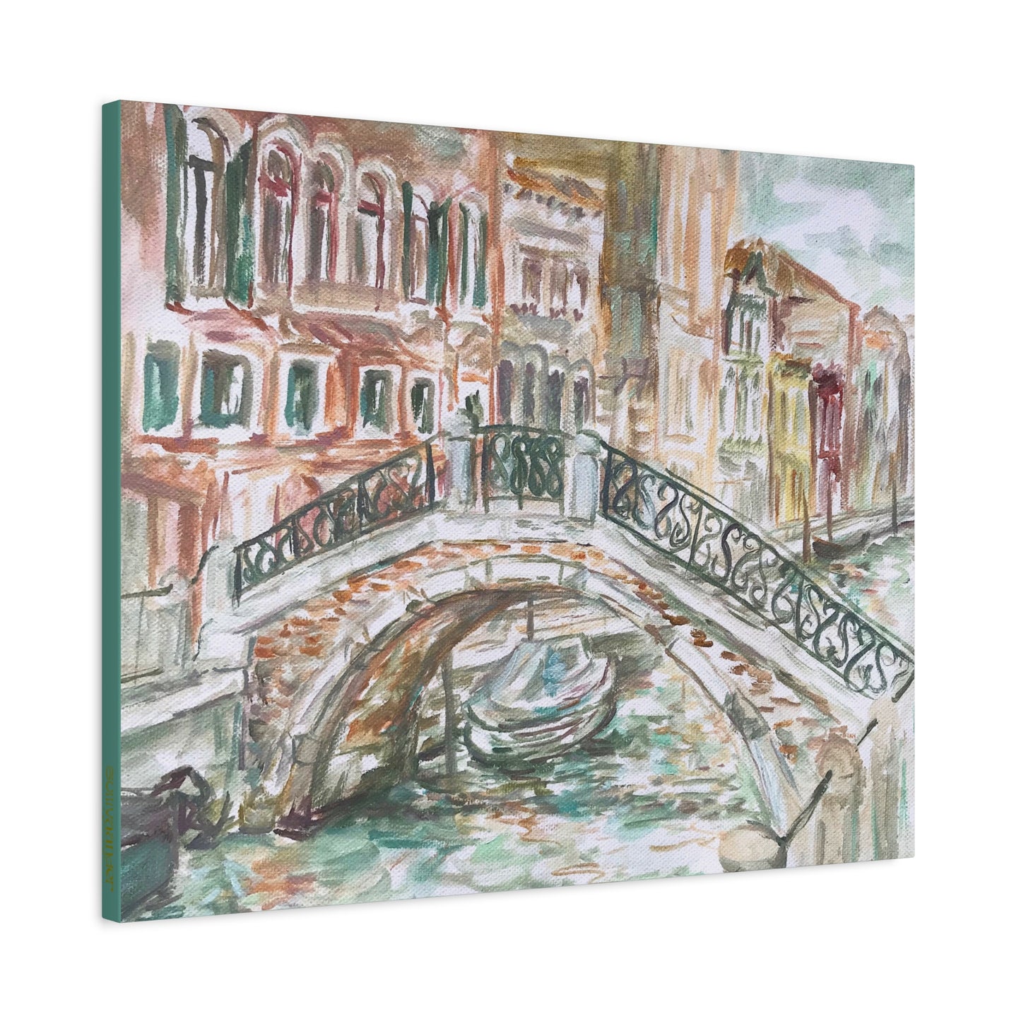 Matte Canvas Print - Venetian Bridge and Tiny Boat, Venice, Italy, Plein-Air Oil Painting