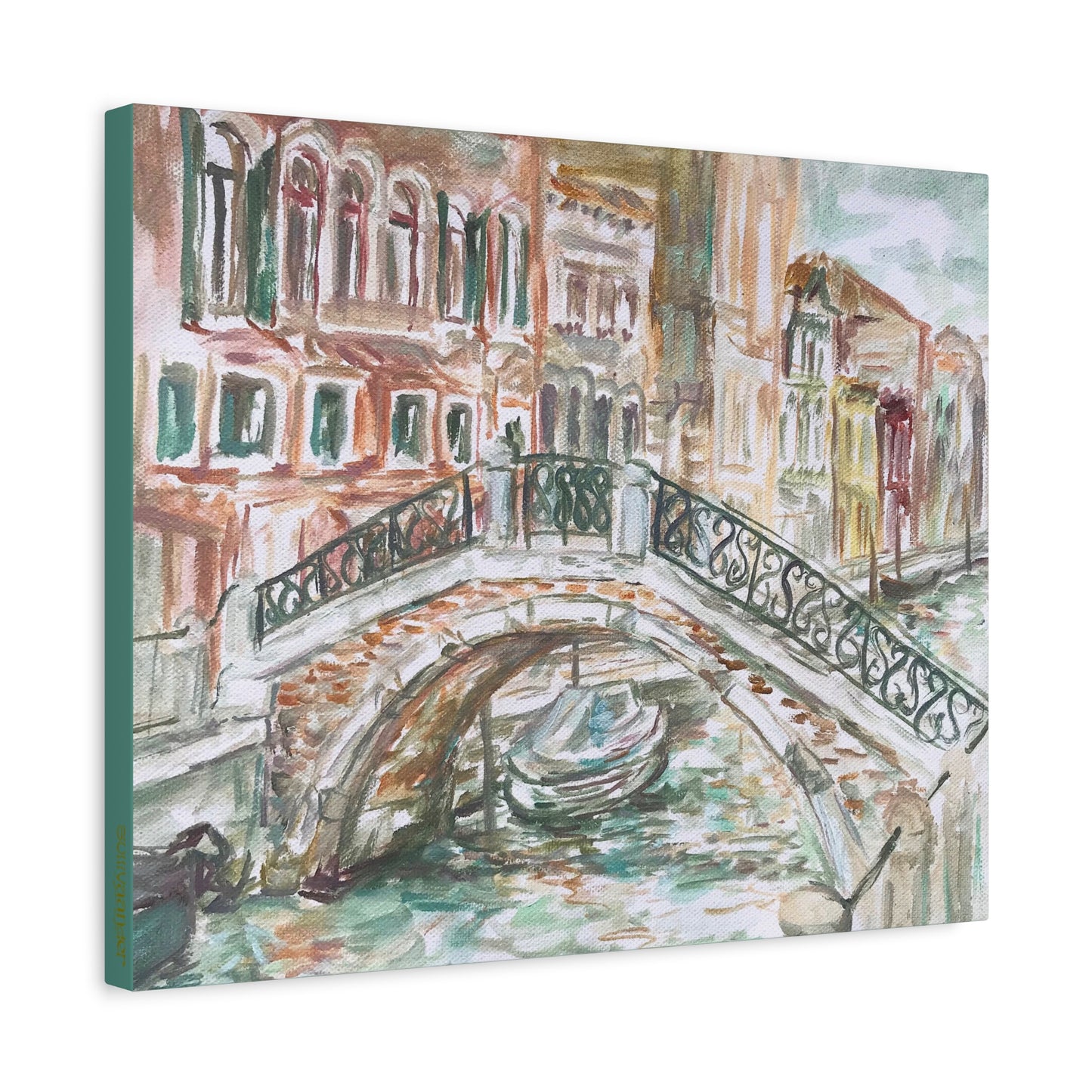 Matte Canvas Print - Venetian Bridge and Tiny Boat, Venice, Italy, Plein-Air Oil Painting